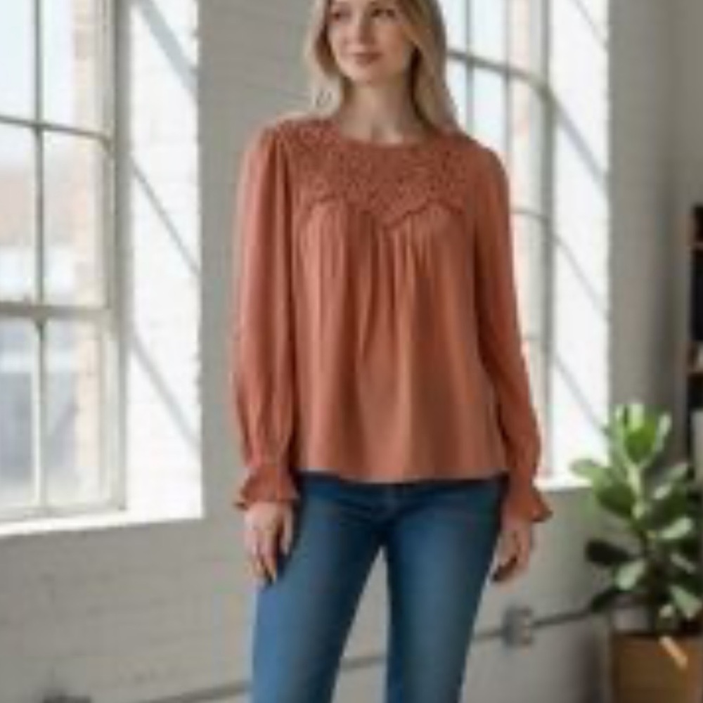 NEW Blu Pepper Boho Lace Yoke Long Sleeve Blouse Relaxed Fit large